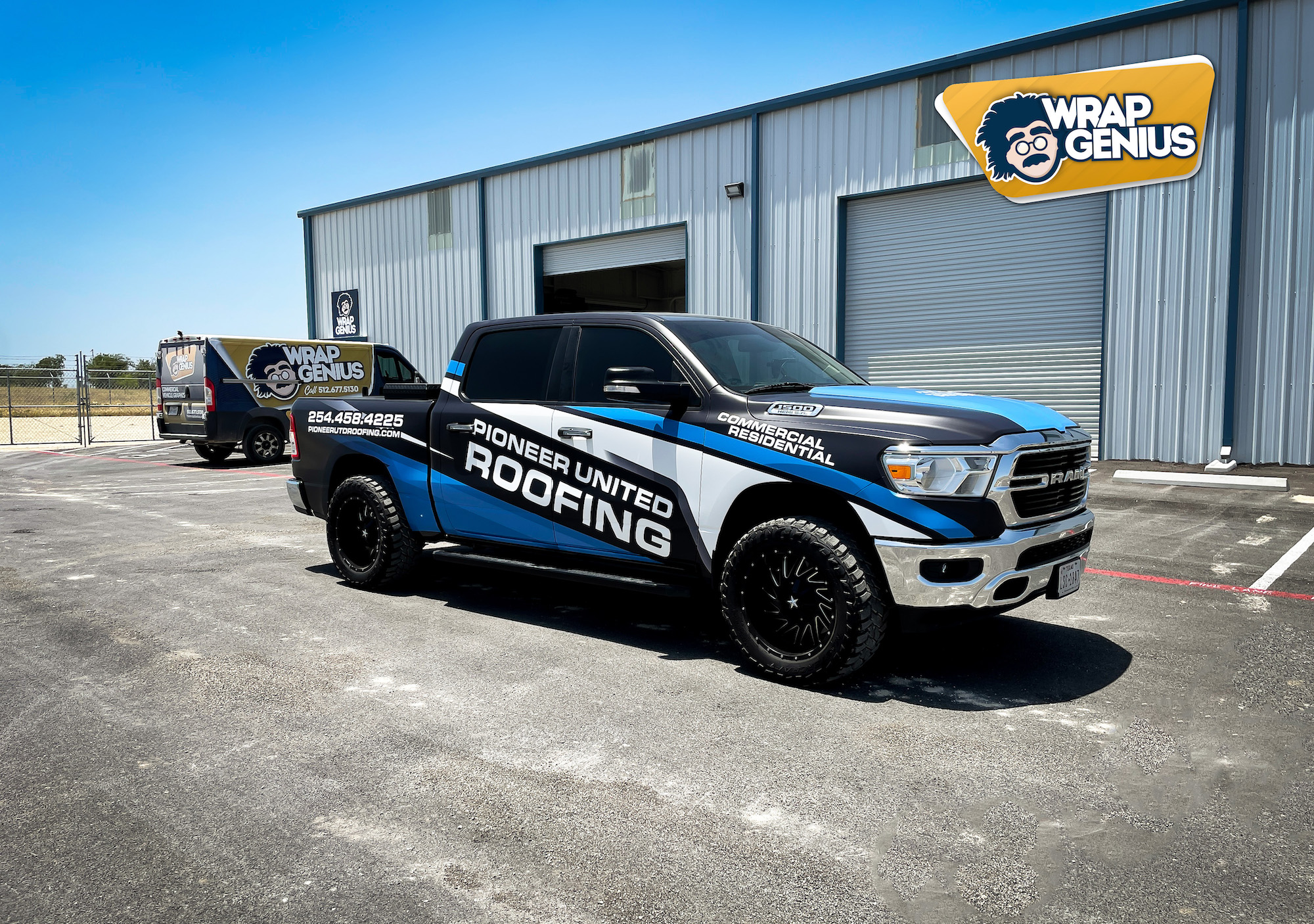 A truck with a vinyl wrap displaying the company's name and main services in Austin